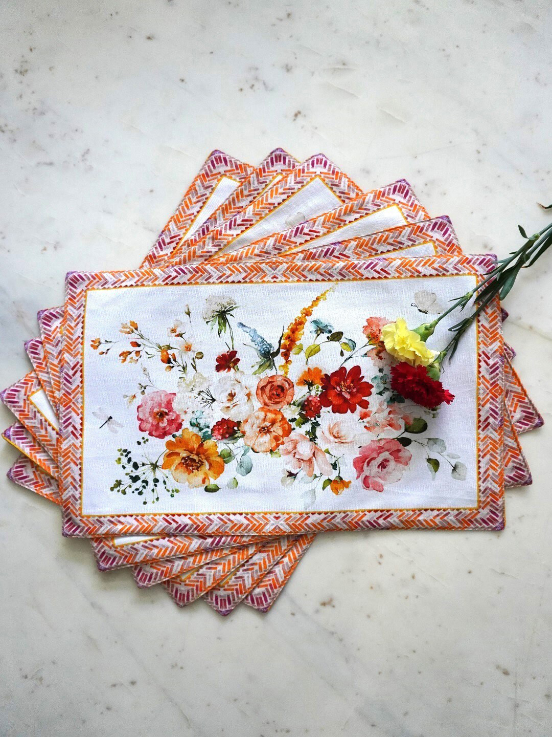 TARA- Sparkling Homes Orange & White 6-Pieces Printed Pure Cotton Table Placemats