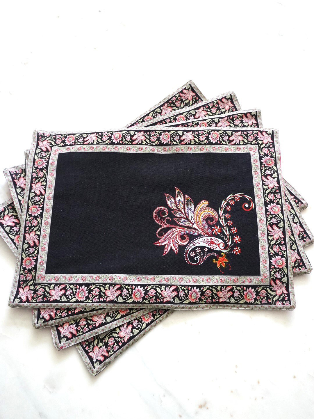 TARA- Sparkling Homes Black 4-Pieces Printed Pure Cotton Table Placemats