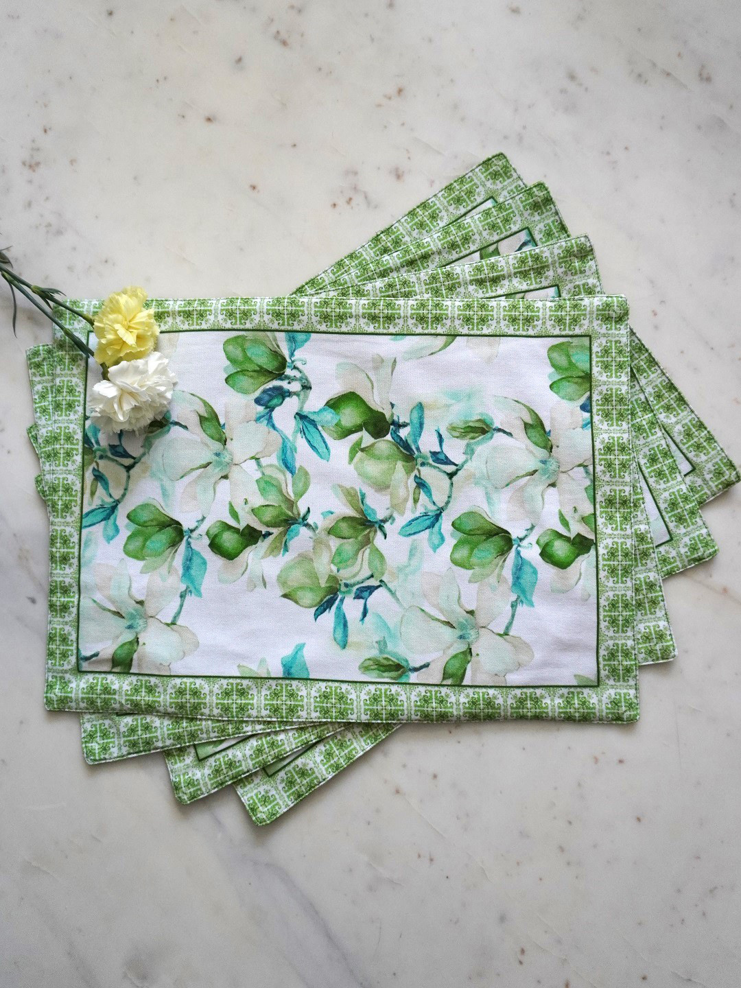 TARA- Sparkling Homes Green Floral 4-Pieces Printed Pure Cotton Table Placemats
