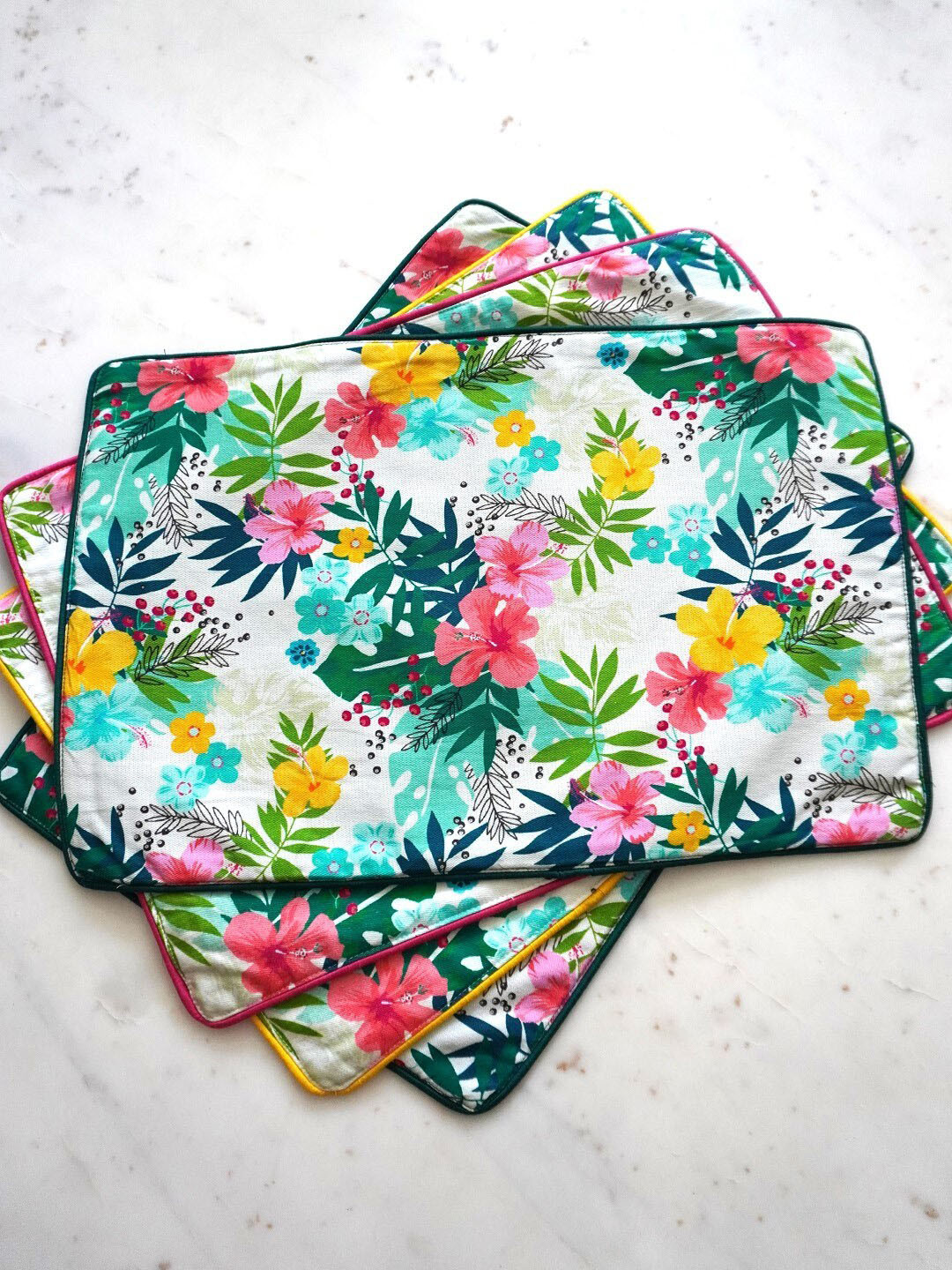 TARA- Sparkling Homes 4 Pieces White & Sea Green Floral Print Pure Cotton Table Placemats