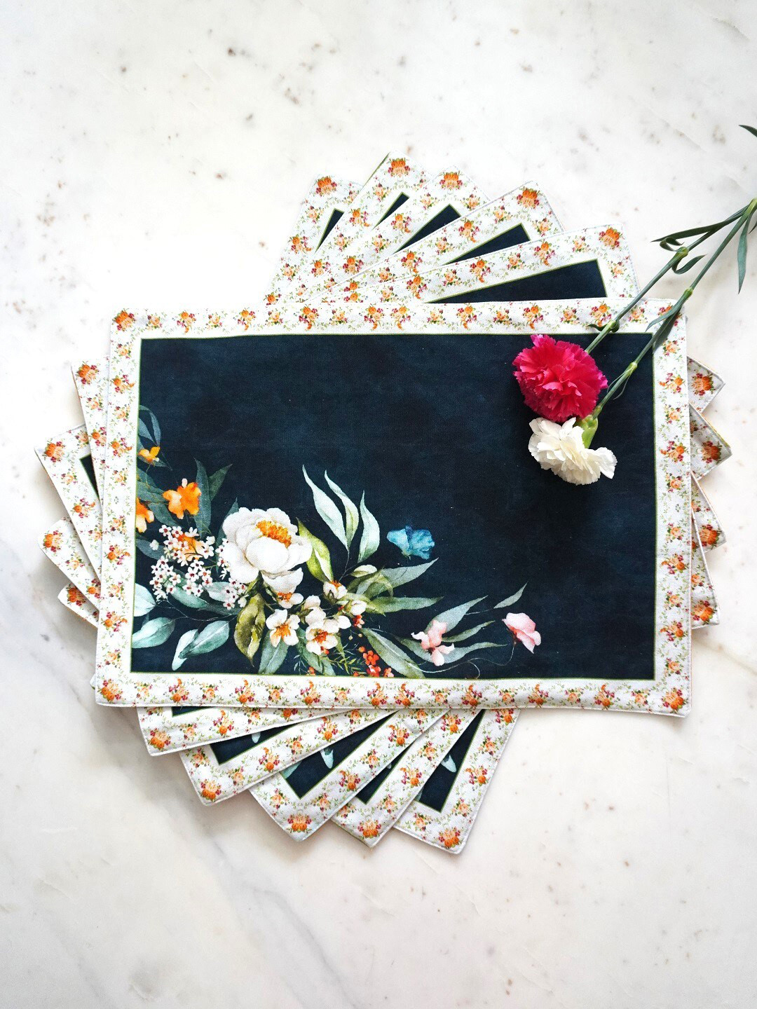 TARA- Sparkling Homes 6 Pieces Teal Green Printed Pure Cotton Table Placemats