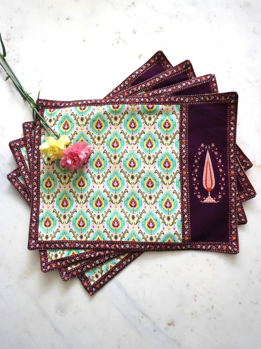 TARA- Sparkling Homes 4 Pieces Maroon Digital Printed Pure Cotton Table Placemats