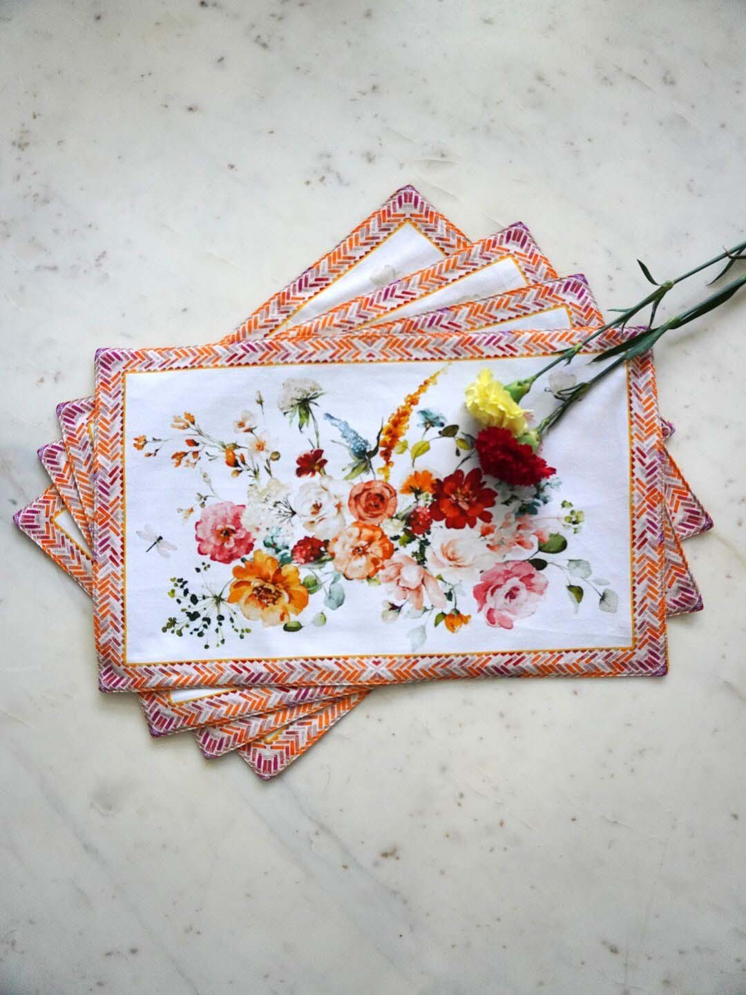 TARA- Sparkling Homes 4 Pieces Orange-Colored Floral Printed Pure Cotton Table Placemats