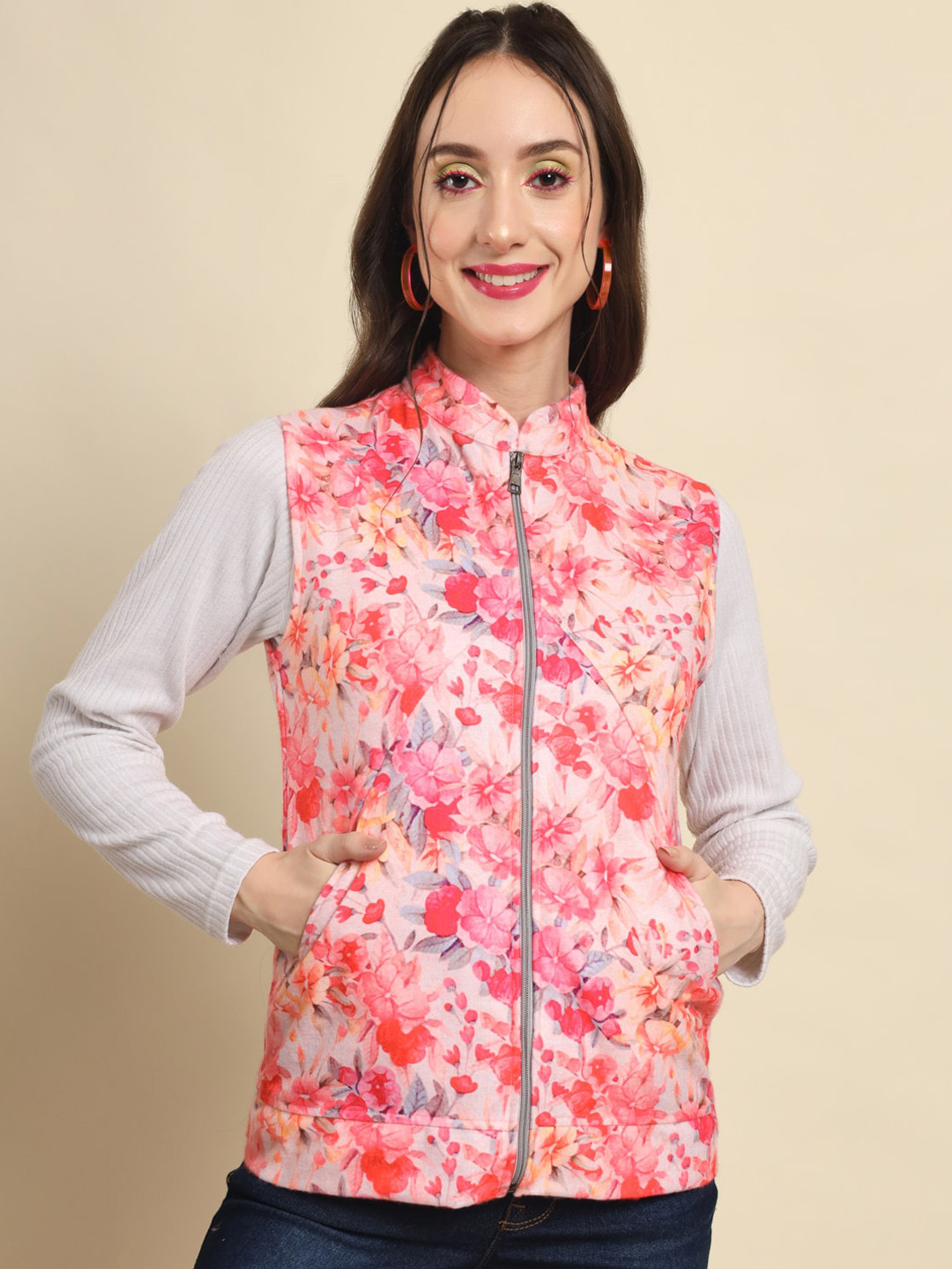 BAESD Floral Printed Seeveless Fleece Bomber Jacket