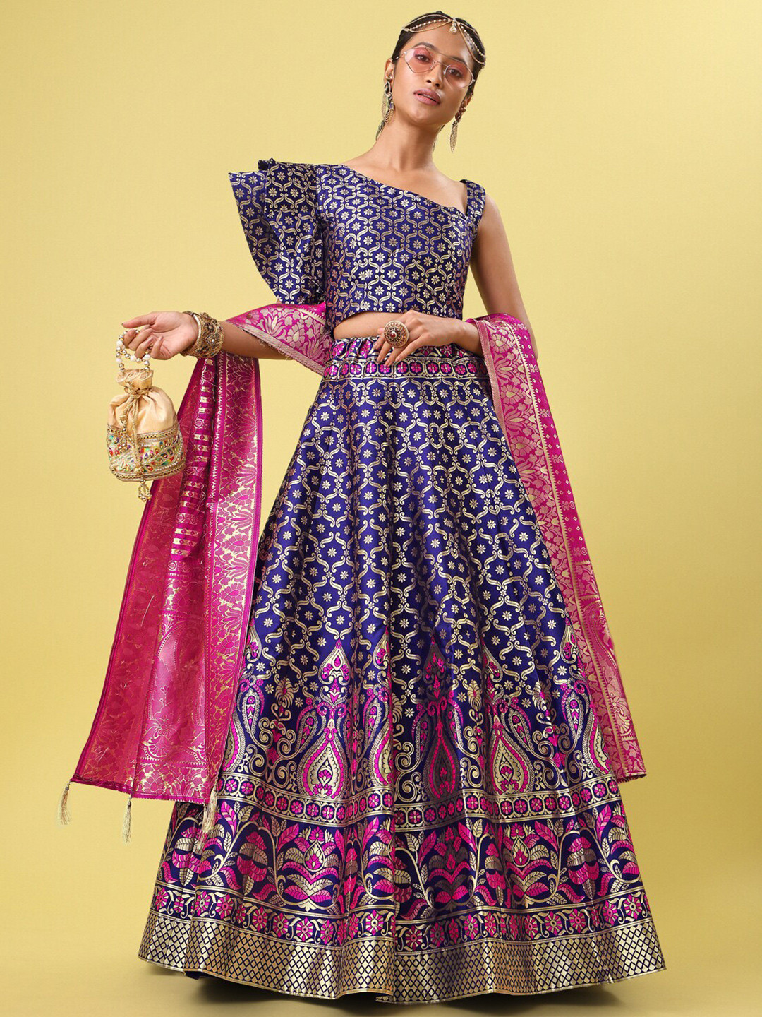 PURVAJA Woven Design One Shoulder Ready to Wear Lehenga & Unstitched Blouse With Dupatta