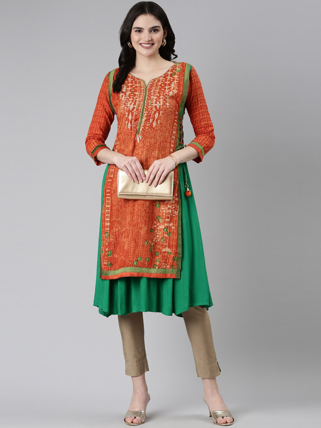 Souchii Abstract Printed Thread Work Double Layered Side Tie Up A-Line Kurta