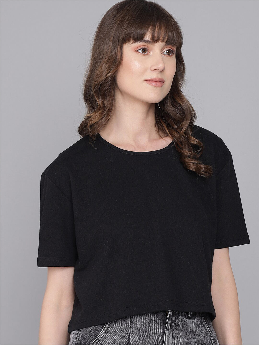 Imsa Moda Round Neck Extended Sleeves Cotton Crop Boxy Top