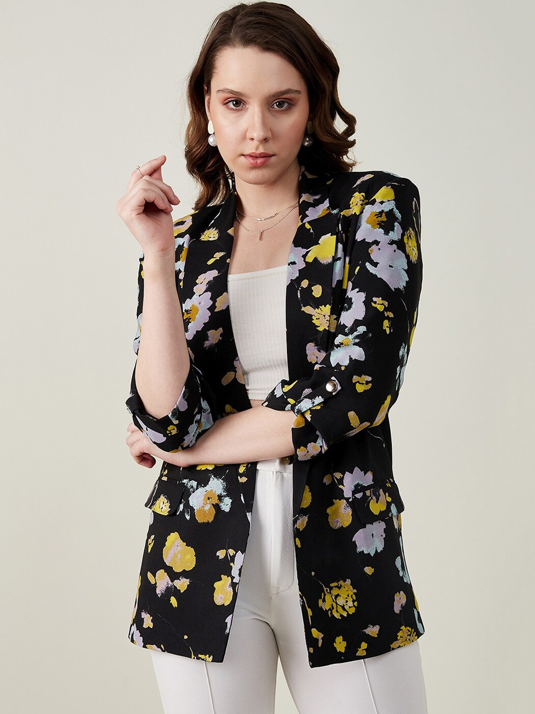 JUNE & HARRY Women Floral Printed Front Open Comfort-Fit Casual Blazer