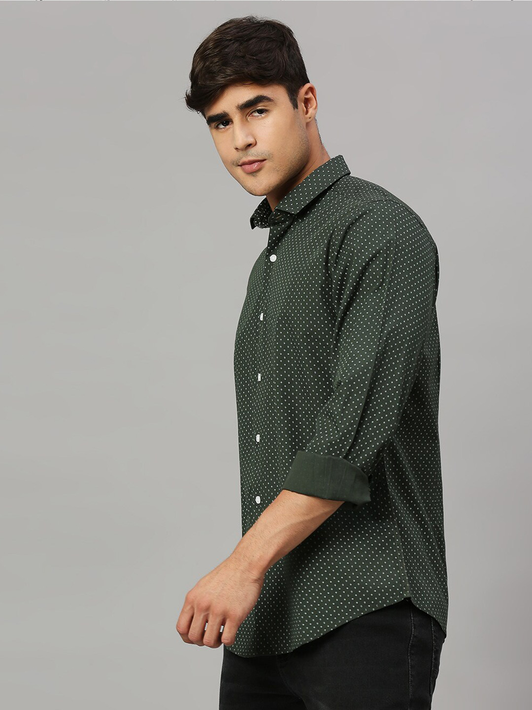 Mast & Harbour Olive Green Classic Micro Ditsy Printed Slim Fit Casual Shirt