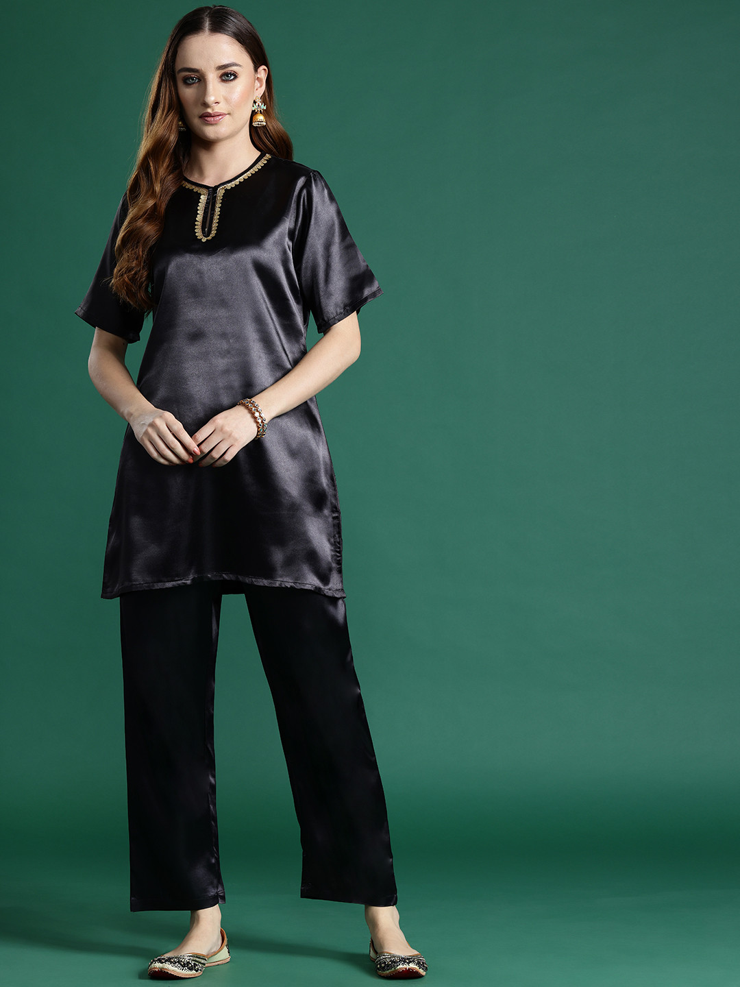 Sangria Sequin Detail Satin Finish Ethnic Co-ord