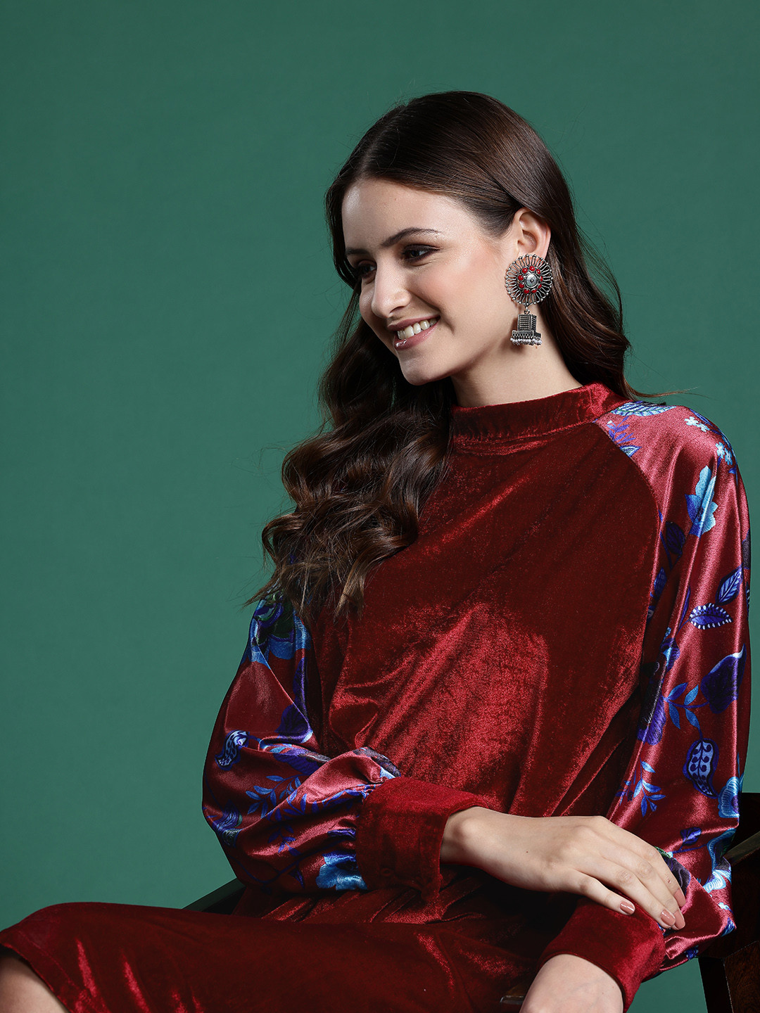 Sangria Velvet-Finish A-Line Ethnic Dress