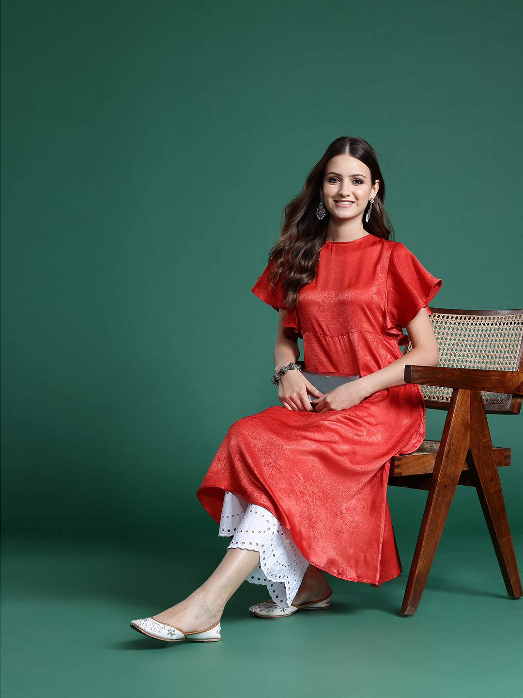 Sangria Flutter Sleeves Satin Finish Kurta