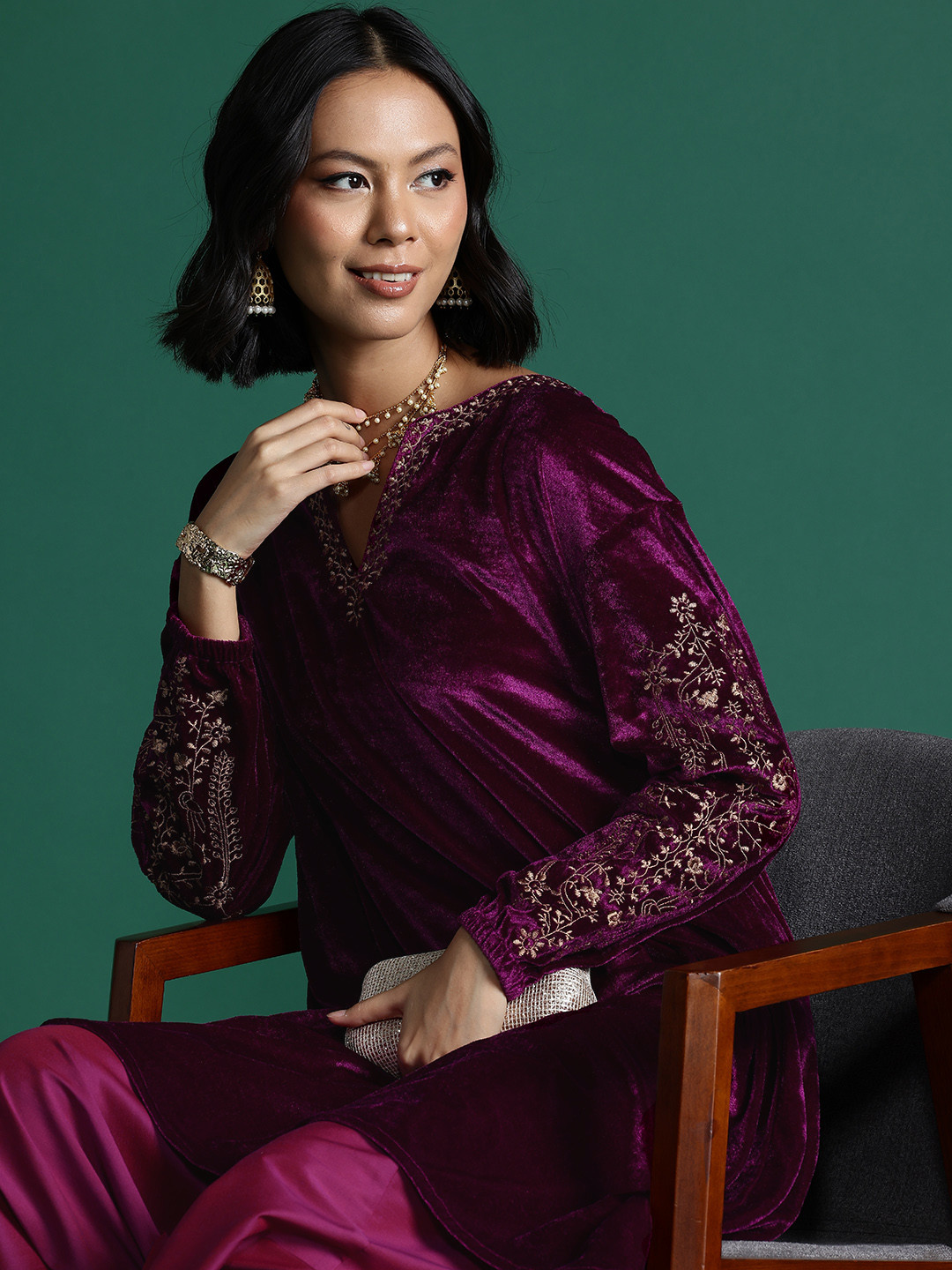 Sangria Velvet Finish Thread Work Kurta with Salwar