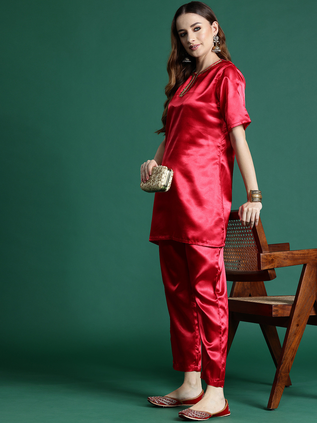 Sangria Sequin Detail Satin Finish Ethnic Co-ord