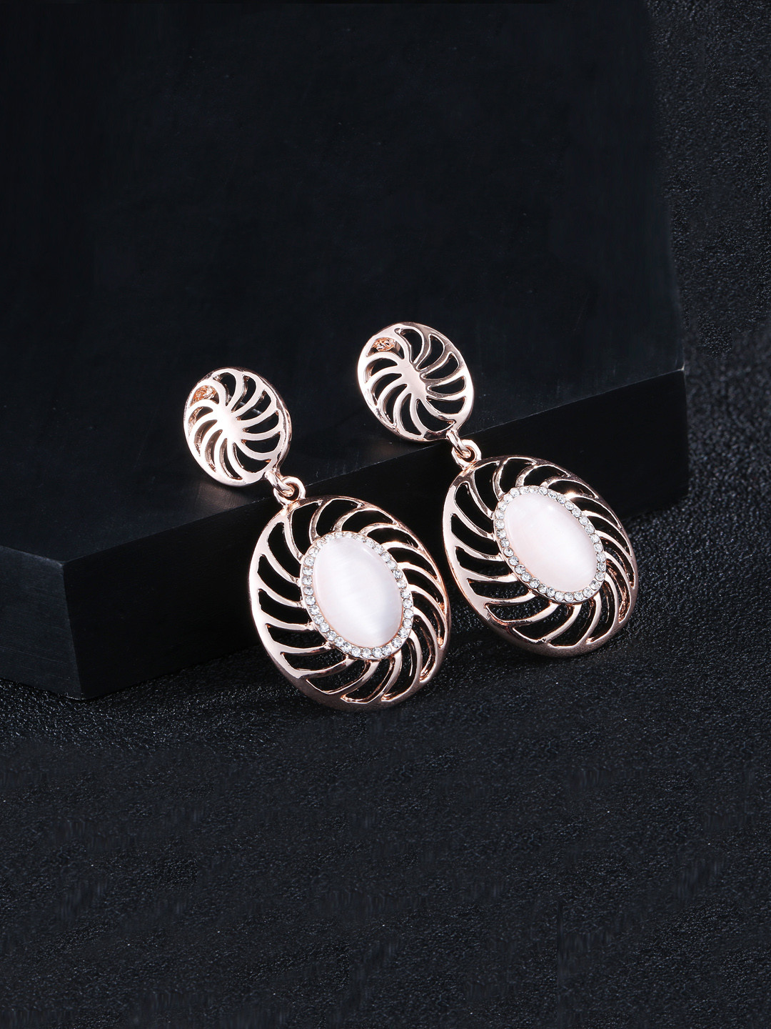 Jewels Galaxy Peach-Coloured Rose Gold-Plated Handcrafted Stone-Studded Drop Earrings