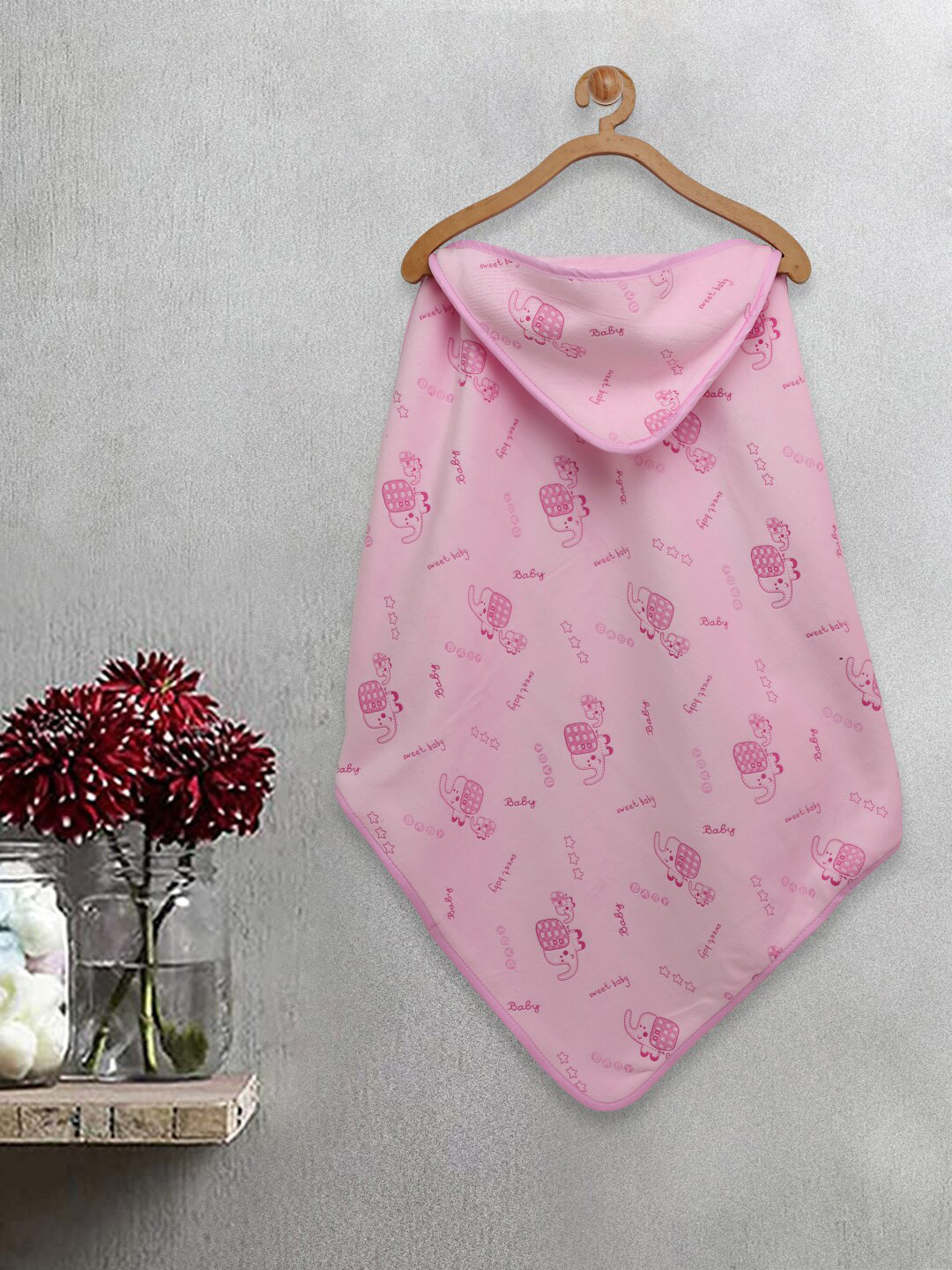 FABINALIV Infants Pink Cartoon Printed 420 GSM Cotton Hooded Bath Towel
