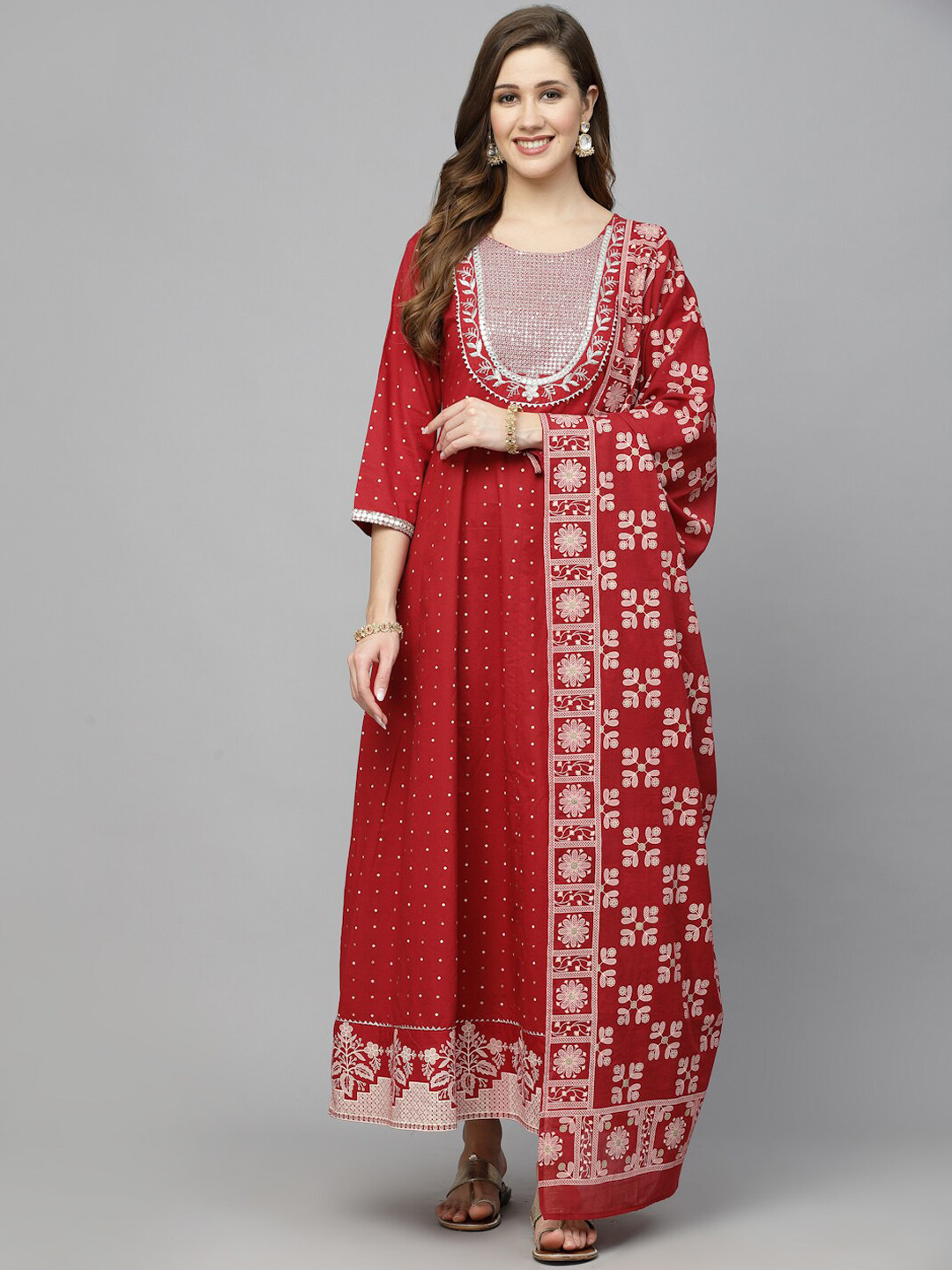 Stylum Maroon Printed Embroidered Pure Cotton Ethnic Dresses With Dupatta