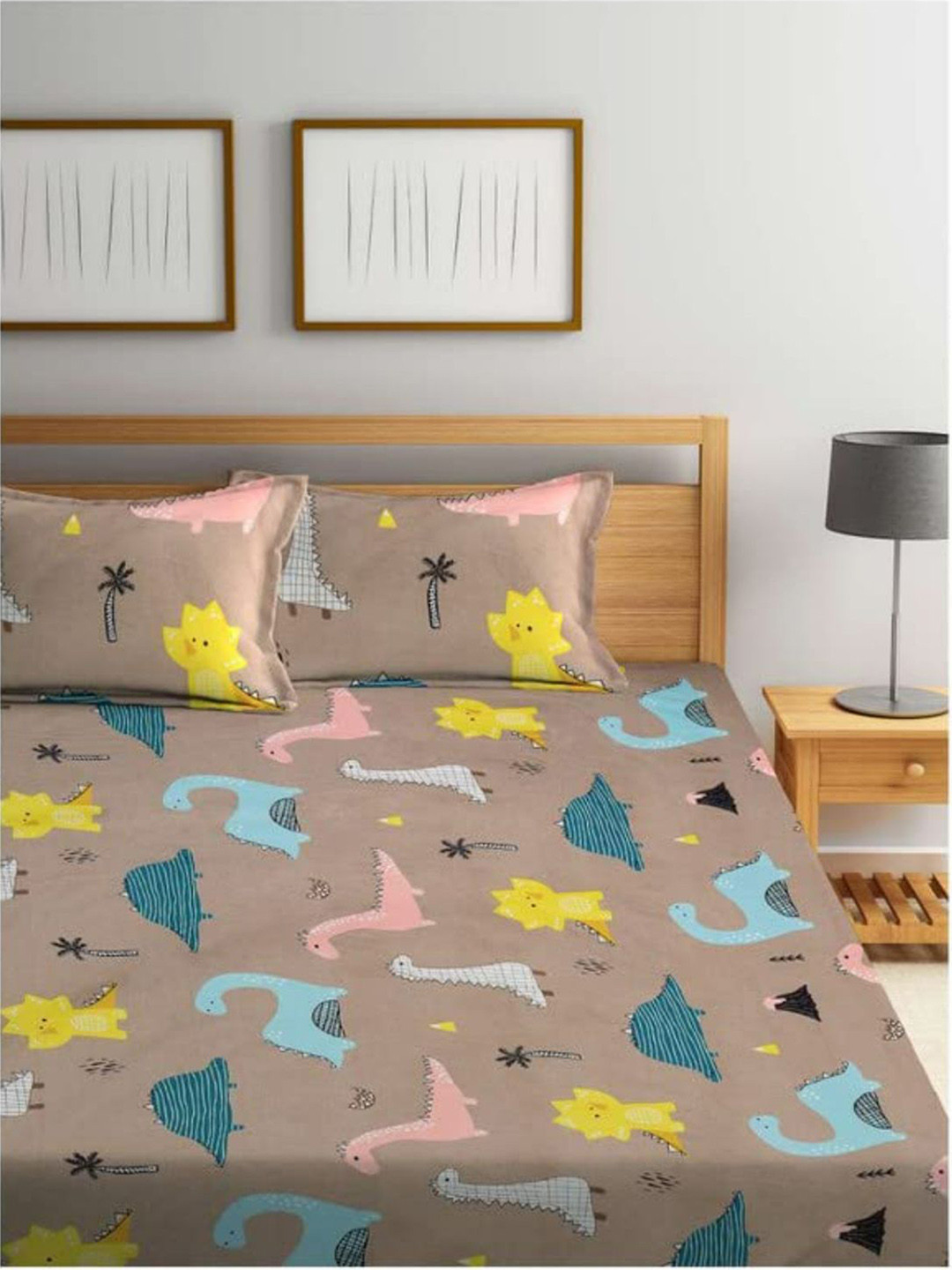 Bajo's Brown Cartoon Characters Cotton 250 TC King Fine Bedsheet with 2 Pillow Covers-102 x 102 inches