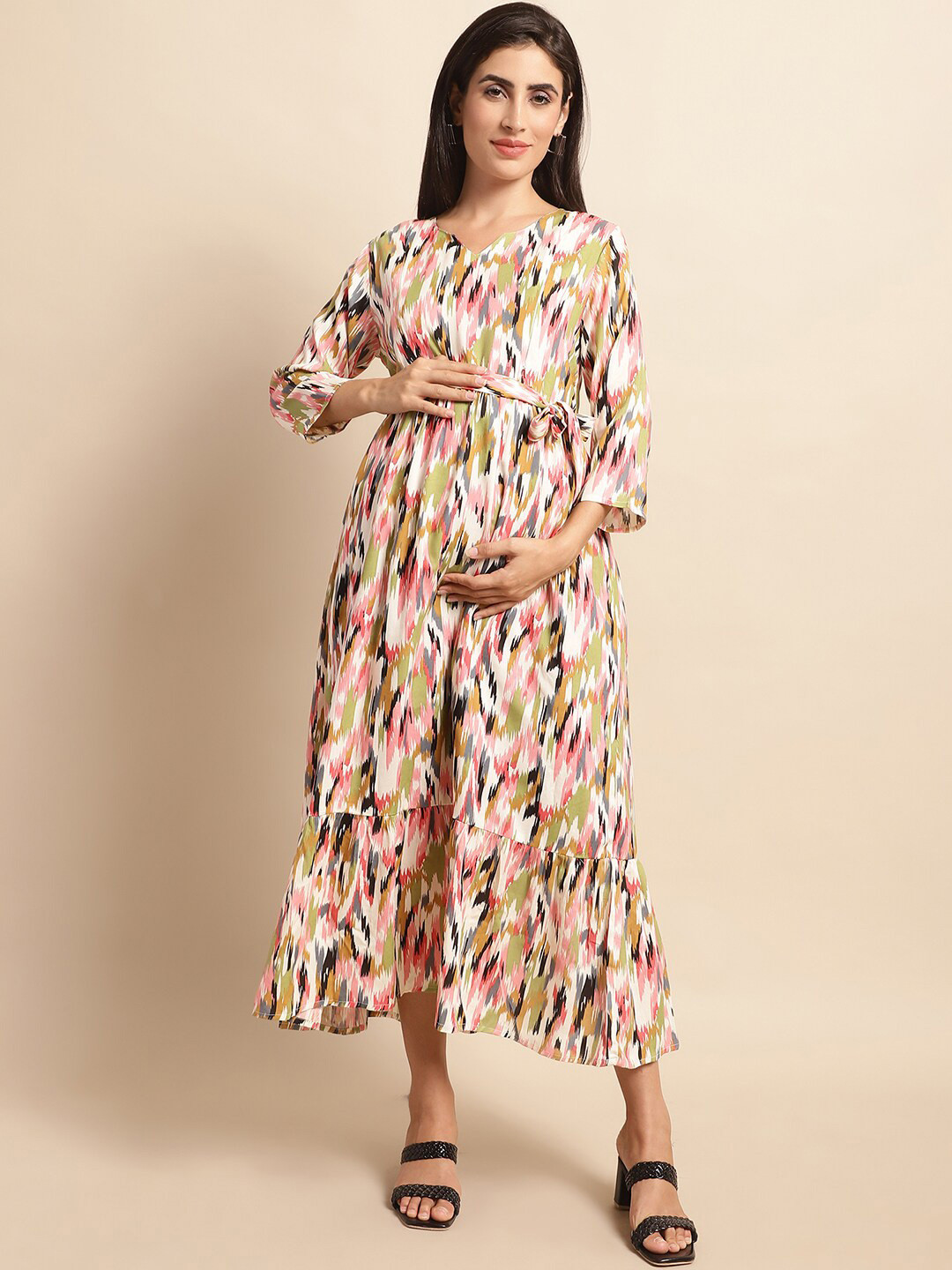 Frempy Abstract Printed Regular Sleeves Belted Maternity Fit & Flare Midi Dress