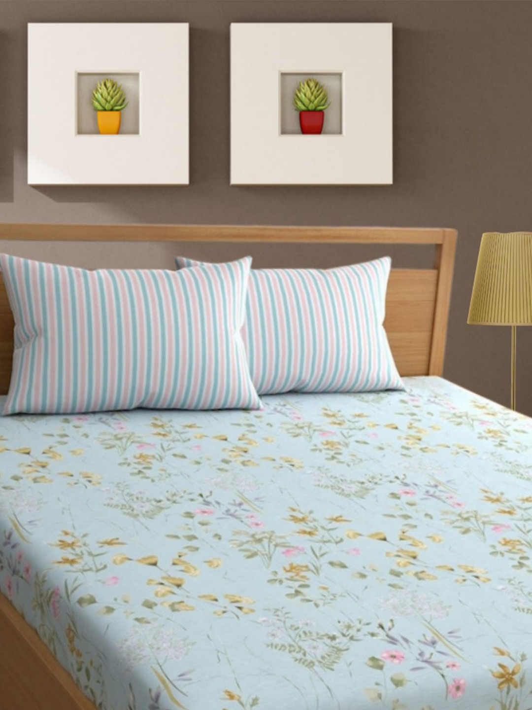 Bajo's Blue Floral Cotton 350 TC King Superfine Bedsheet with 2 Pillow Covers-250 x 220 cm