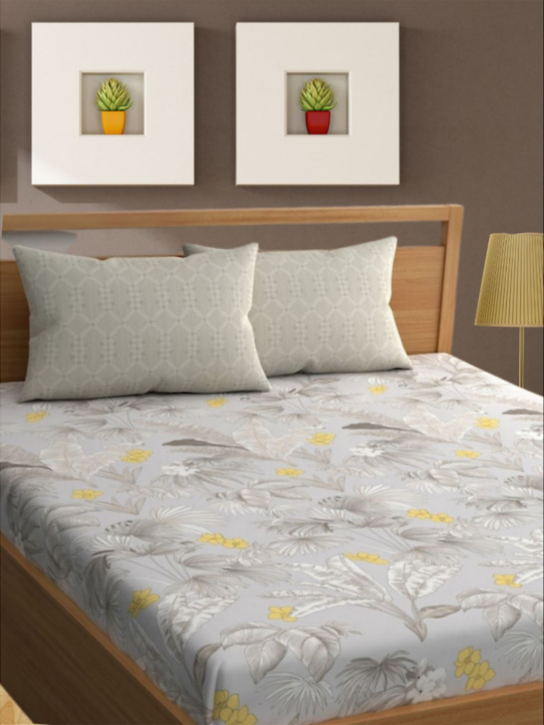 Bajo's Grey Floral Cotton 350 TC King Superfine Bedsheet with 2 Pillow Covers-98 x 106 inches
