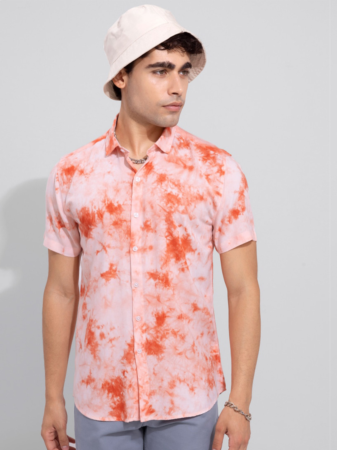 Snitch Classic Orange Slim Fit Floral Printed Casual Shirt