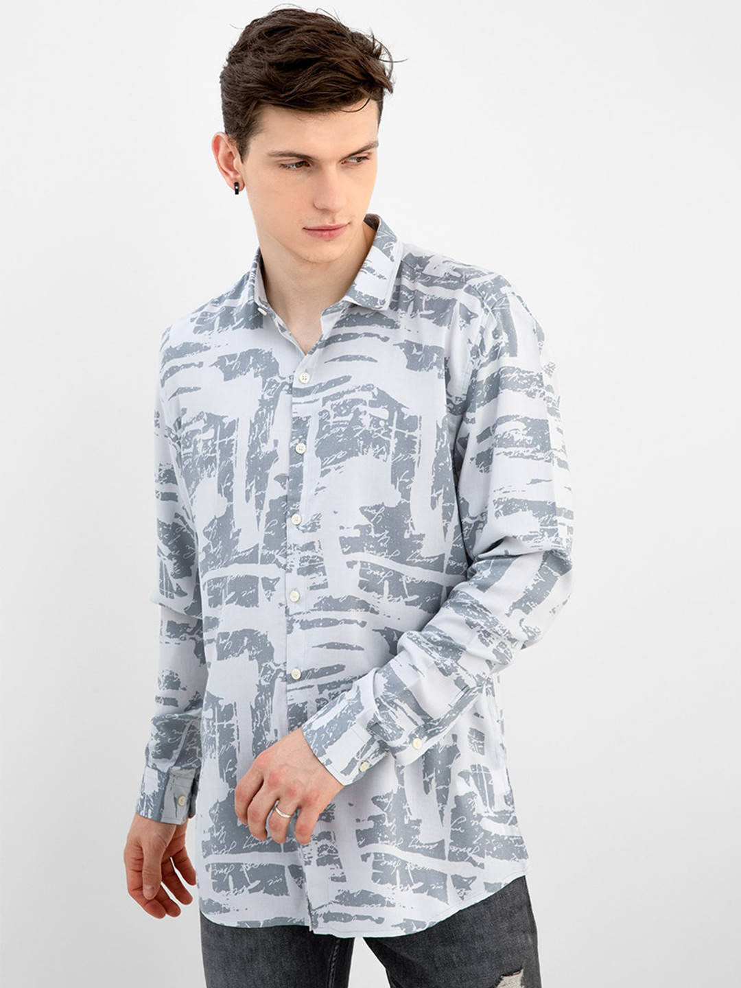 Snitch White And Grey Classic Abstract Printed Casual Shirt