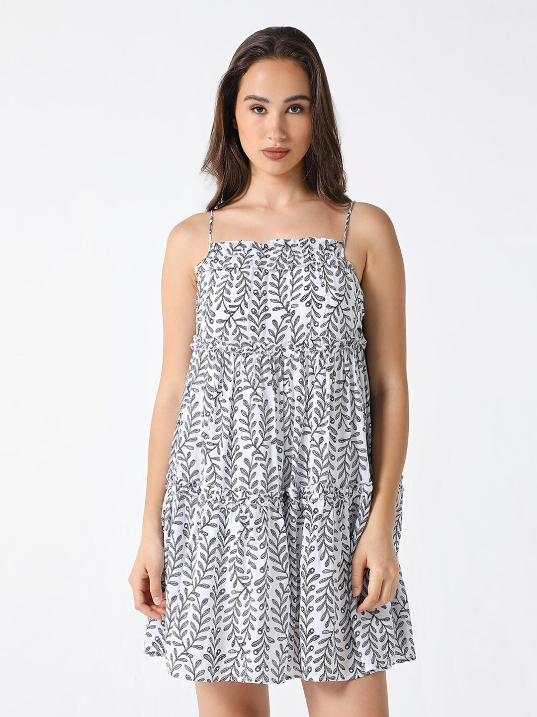 Pepe Jeans Floral Printed Shoulder Strap Tiered A-Line Dress