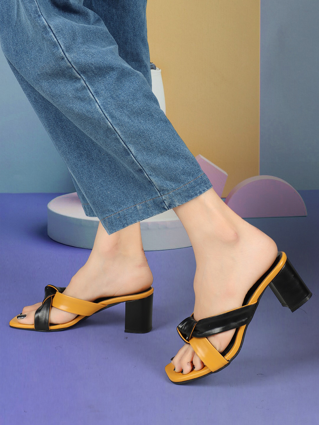 ELLE Mustard Colourblocked Block Heels