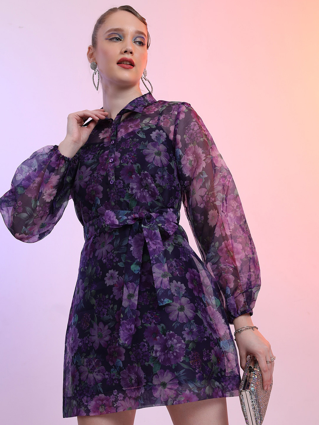 Tokyo Talkies Purple Floral Printed Puff Sleeve Fit & Flare Dress With Belt