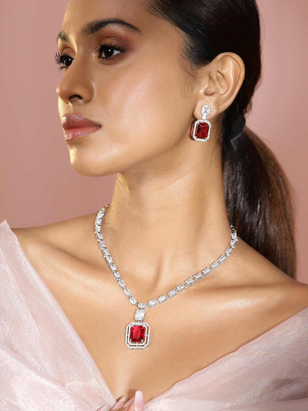 Rubans Rhodium-Plated Ruby Red & White Cubic Zirconia Studded Necklace Set