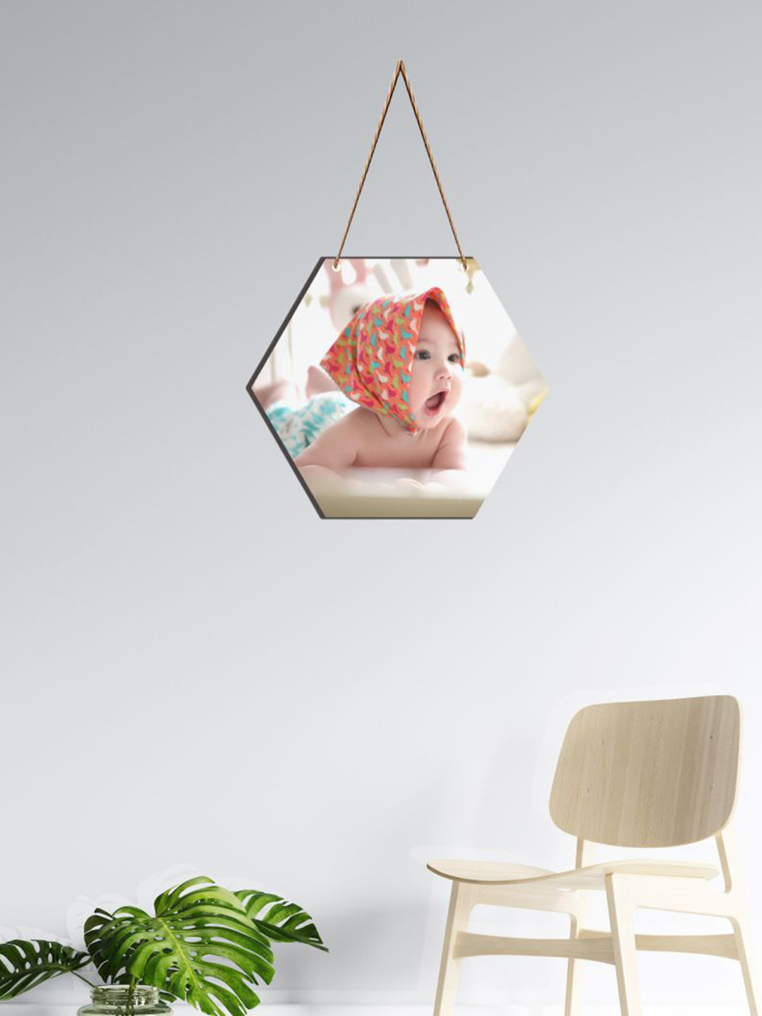 SAF White & Nude Baby Printed Hexagon Wooden Wall Hanging