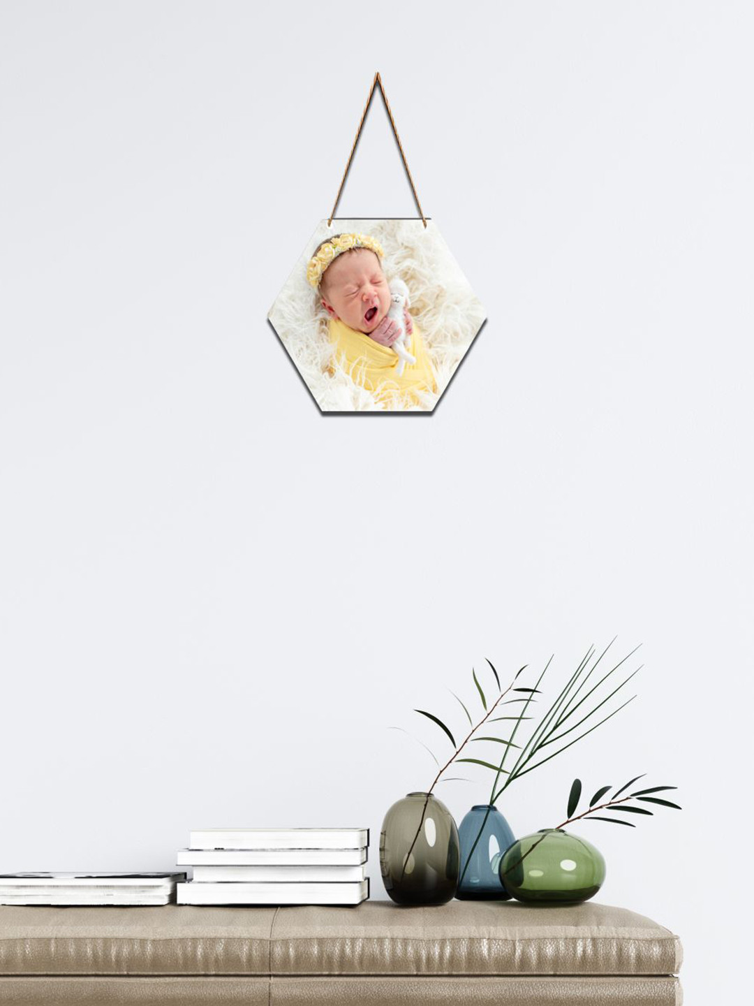 SAF White & Yellow New Born Baby Printed Hexagon Wooden Wall Hanging