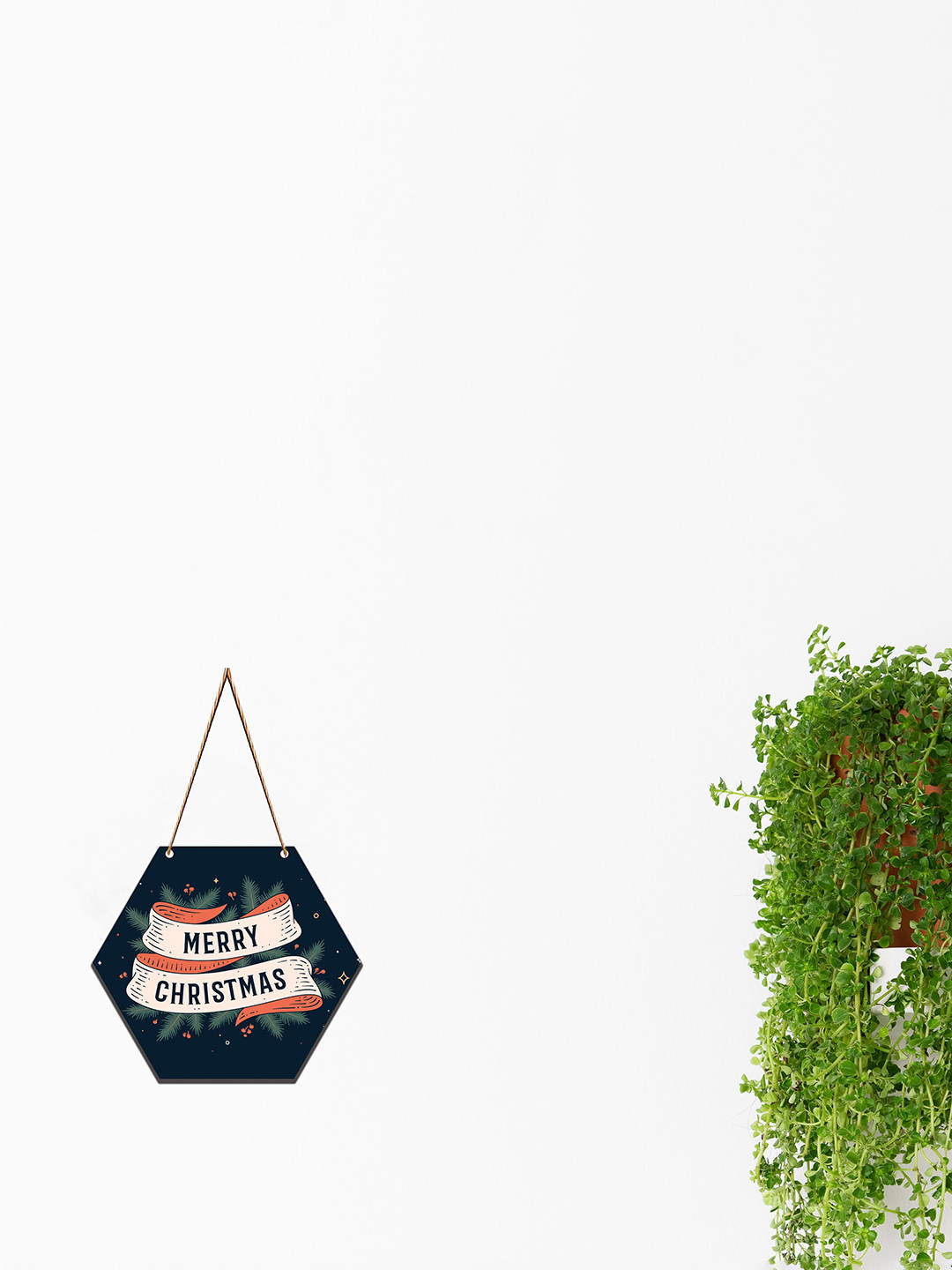 SAF Blue & Pink Merry Christmas Printed Hexagon Wooden Wall Hanging