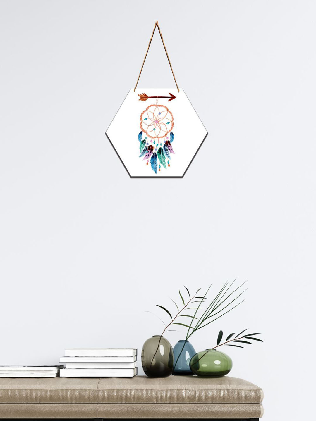 SAF White & Brown Dream Catcher Printed Hexagon Wooden Wall Hanging