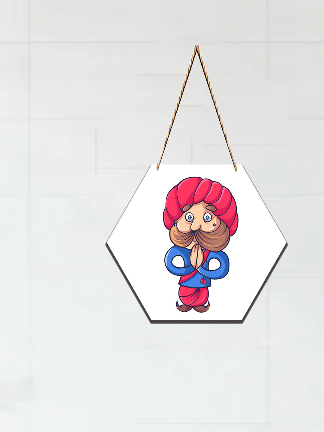 SAF White & Pink Rajasthani Man Printed Wooden Wall Hanging