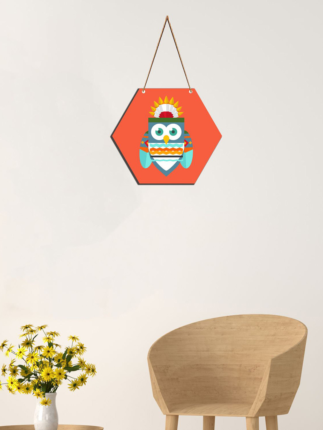 SAF Orange-Coloured & Blue Owl Printed UV Textured Hexagon Wooden Wall Hanging