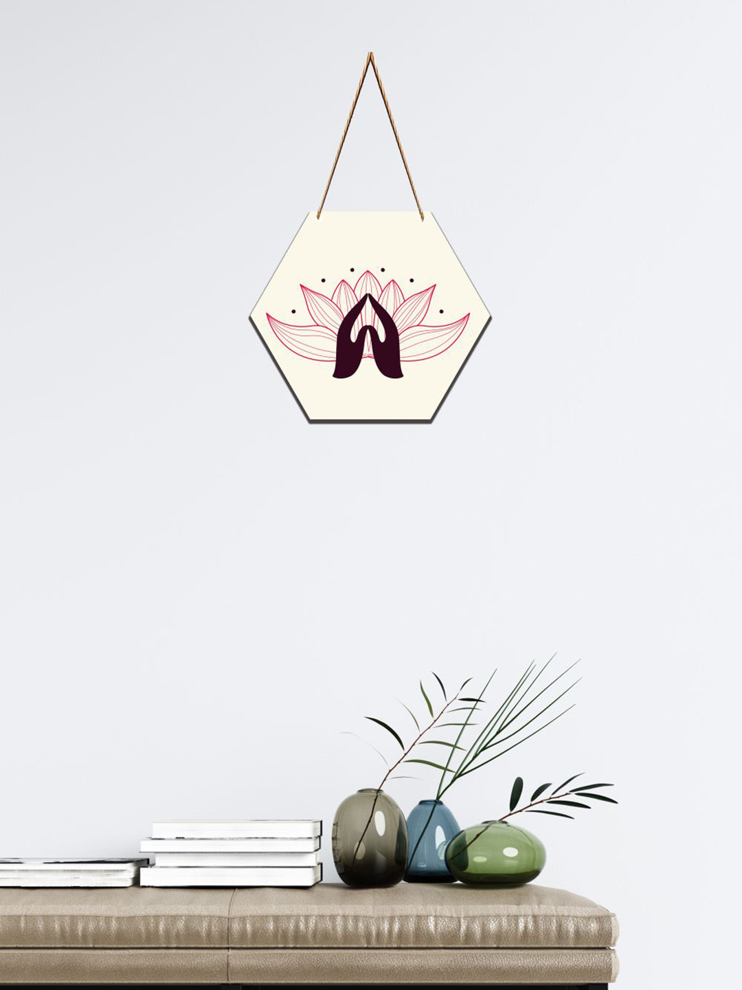 SAF Off-White & Pink Namaste Printed Hexagon Wooden Wall Hanging