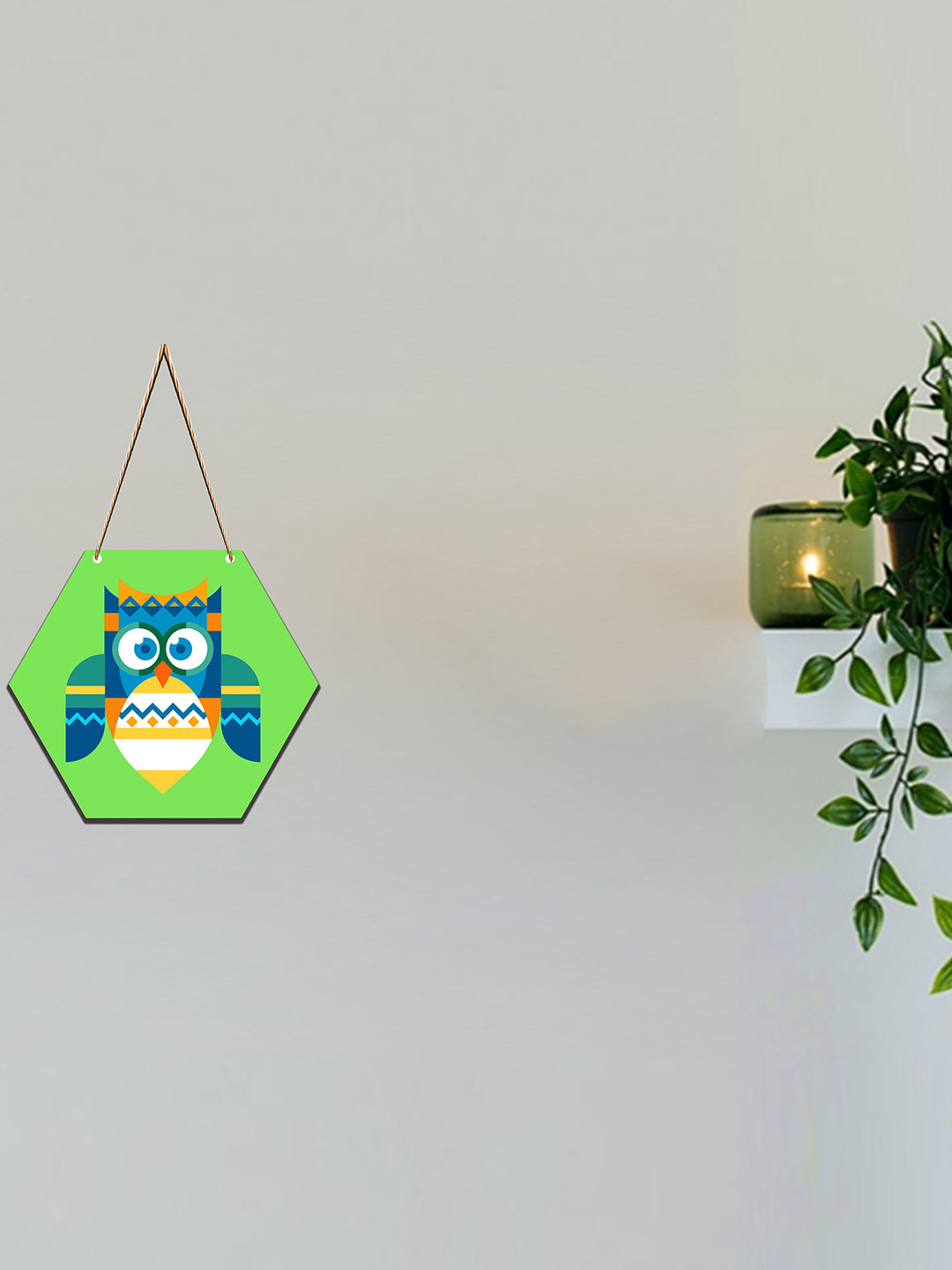 SAF Green & Blue Owl Printed Hexagon Wooden Wall Hanging