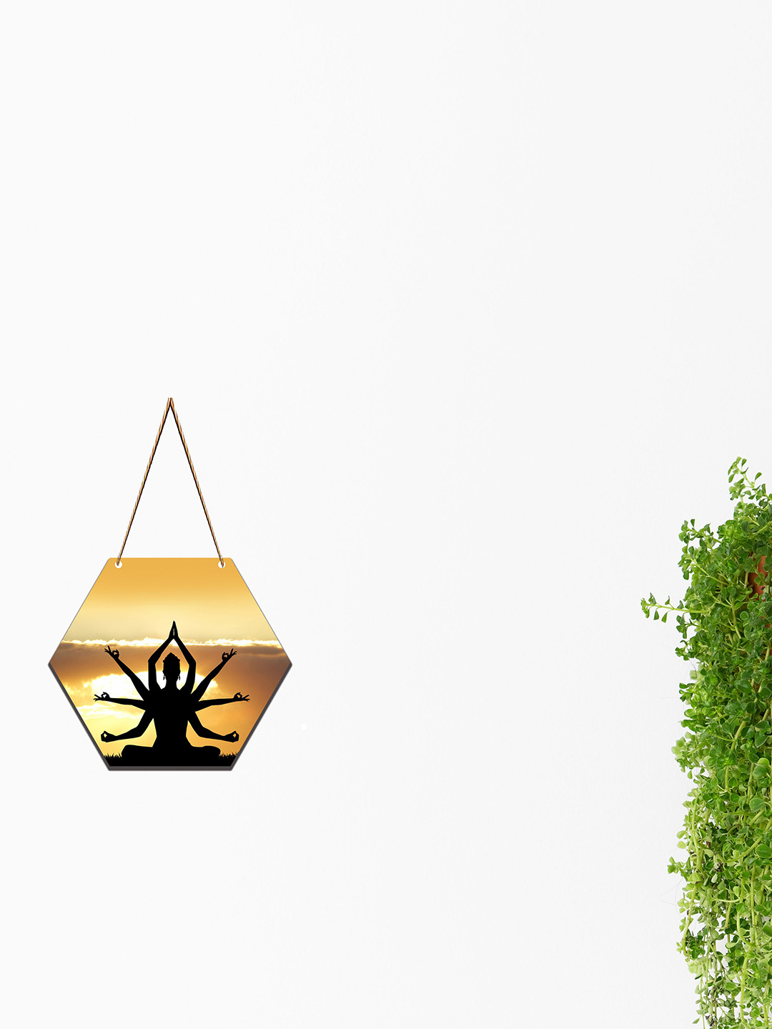 SAF Yellow & Black Yoga Mudra Printed Hexagon Wall Hanging