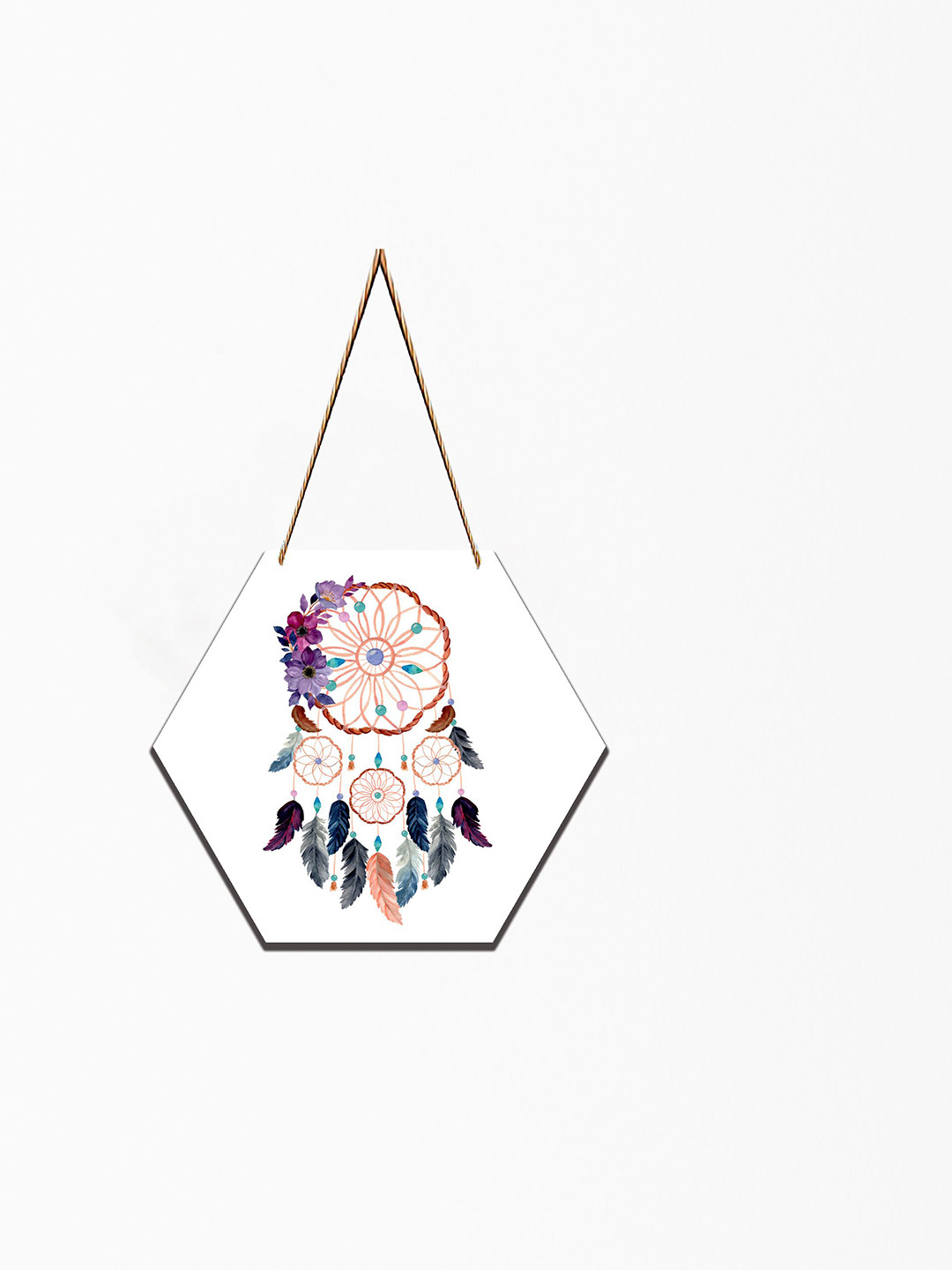 SAF White & Purple Dream Catcher Printed Hexagon Wall Hanging