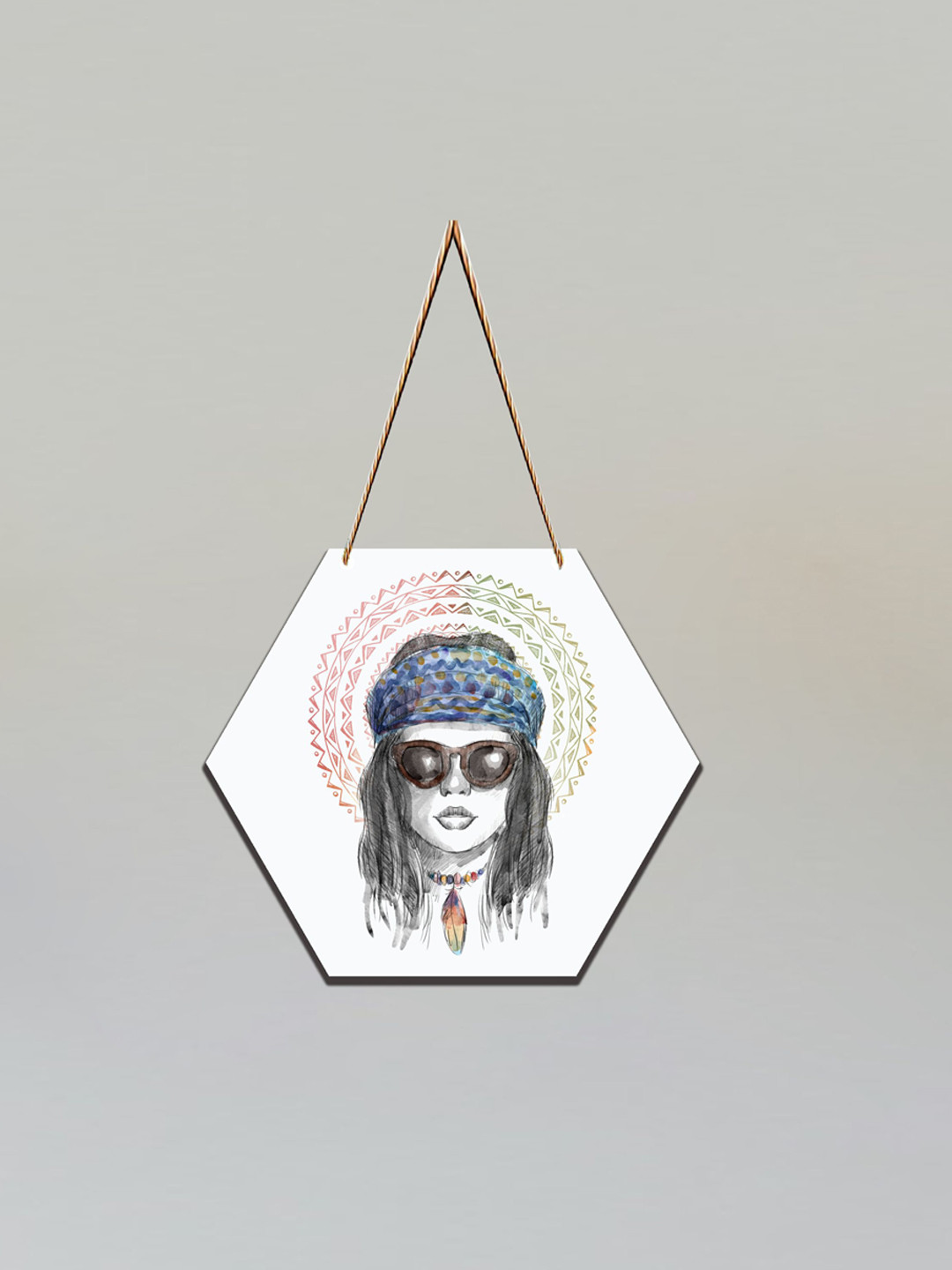 SAF White Bohemian Printed Hexagon Wall Hanging