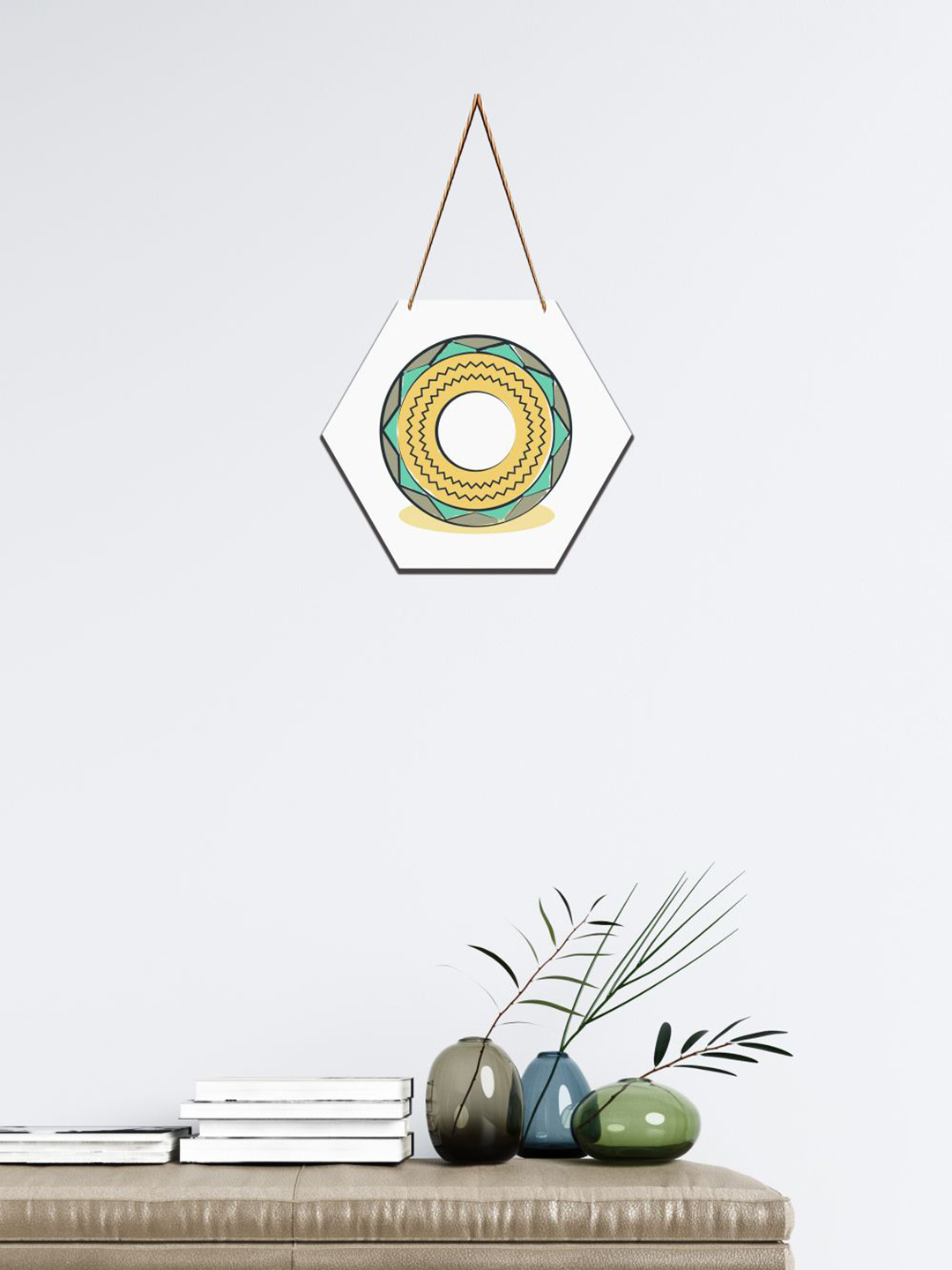 SAF White & Yellow Abstract Art Printed Hexagon Wall Hanging