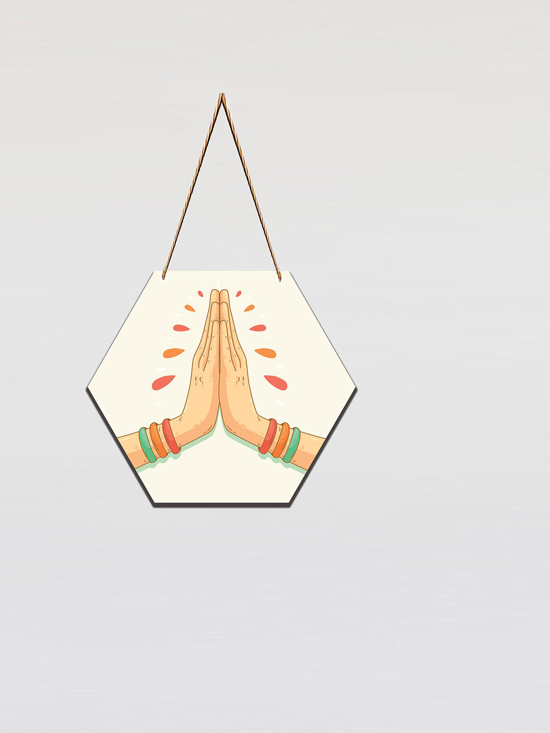 SAF Yellow & Orange Coloured Namaste Printed Hexagon Wall Hanging