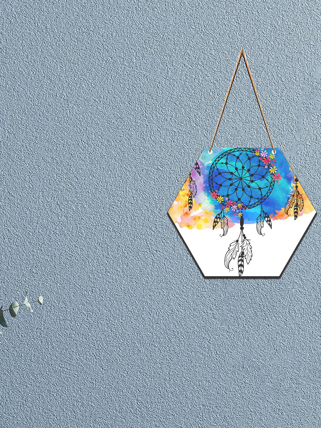 SAF Blue & White Dream Catcher Printed Hexagon Wall Hanging
