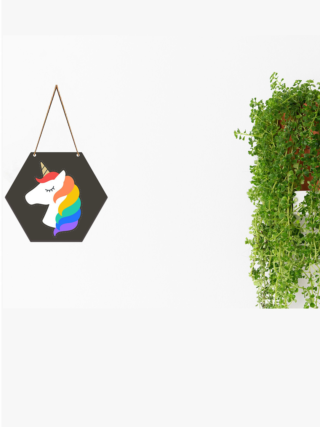 SAF White & Green Unicorn Printed Hexagon Wall Hanging