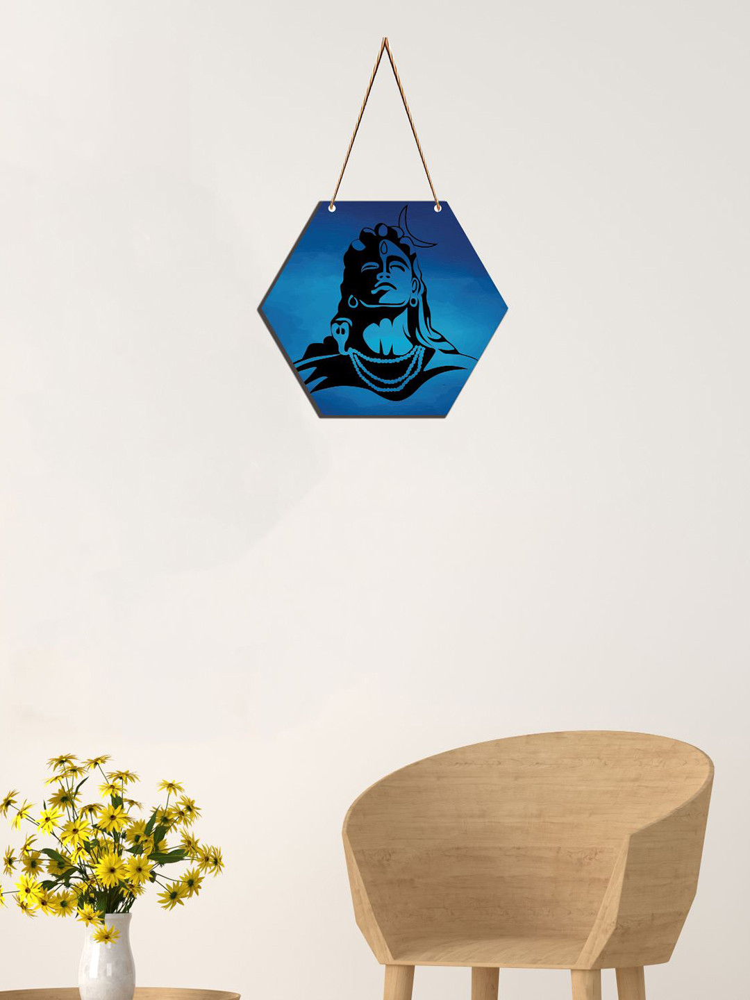 SAF Blue & Black Lord Shiva Printed Hexagon Wall Hanging