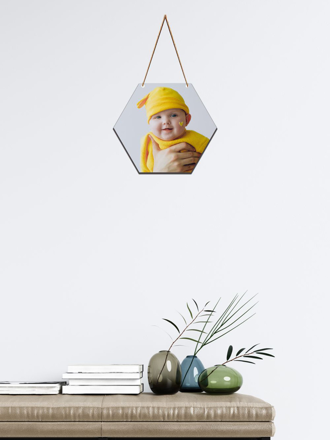 SAF Yellow & Grey New Born Baby Printed Hexagon Wall Hanging