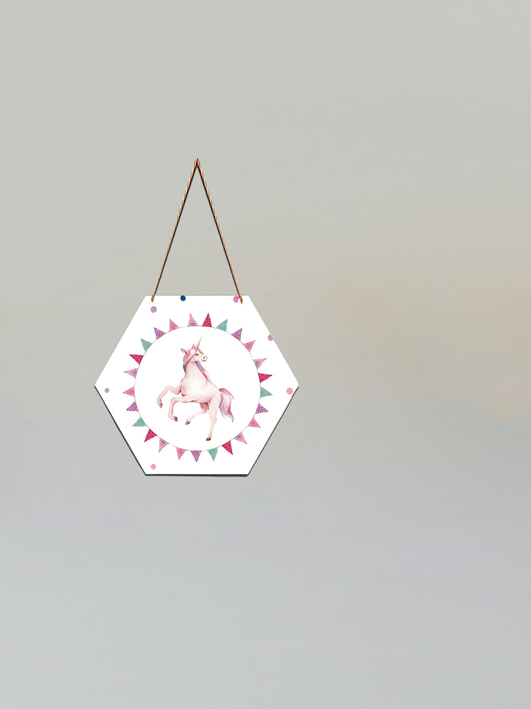 SAF White Unicorn Printed Hexagon Wall Hanging