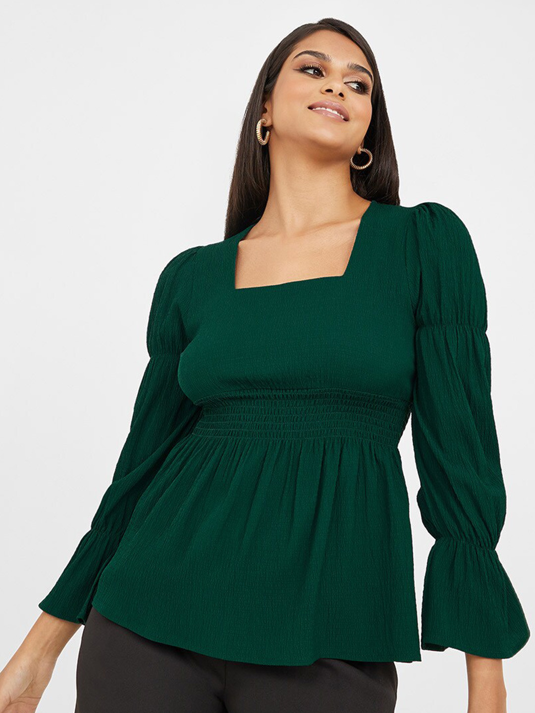 Styli Green Puff Sleeve Smocked Cinched Waist Top
